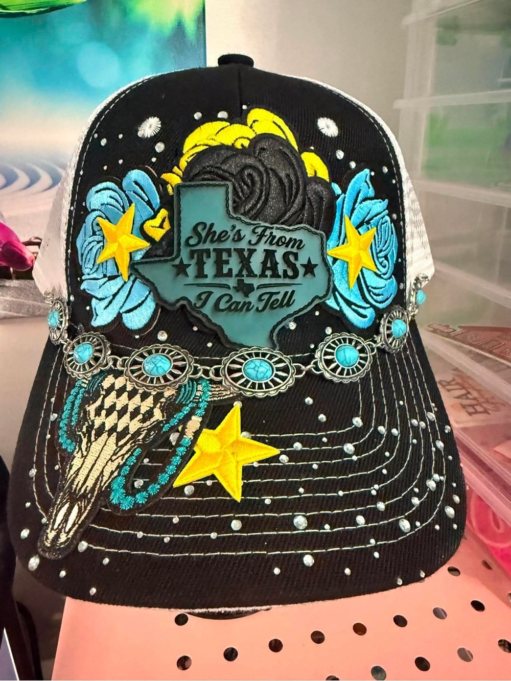 She’s From Texas Embroidered Black & Turquoise Kids Trucker Hat Ella Langley